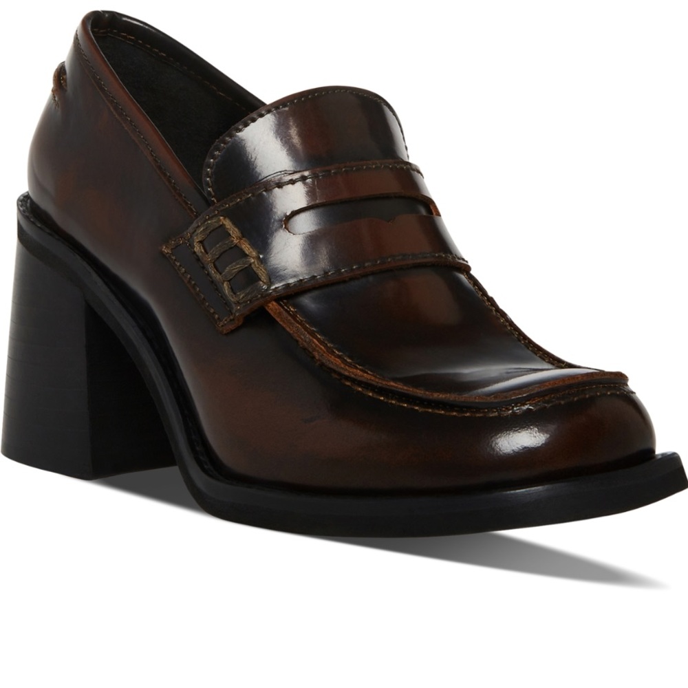 STEVE MADDEN  Universe Round Toe Block Heel Leather Loafers